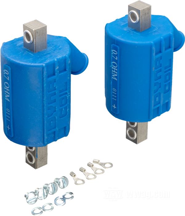 Ignition coil »Core Mount« by Dynatek; for Dyna 4000 & AMM-P3 ignition systems; blue; use with 12 V; primary resistance: 2 x 0.7 Ω; single fire - single plug; high tens. tower(s): one per coil; gross weight: 950 g