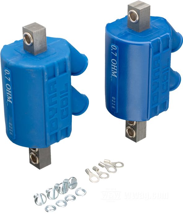 Zündspule »Core Mount«; für Dyna 4000 & AMM-P3 Zündanlage; blau; geeignet für 12 V; Primär-Widerstand: 2 x 0.7 Ohm; Single Fire und zwei Kerzen pro Kopf; Zündkabelausgang: zwei pro Spule; Bruttogewicht: 980 g