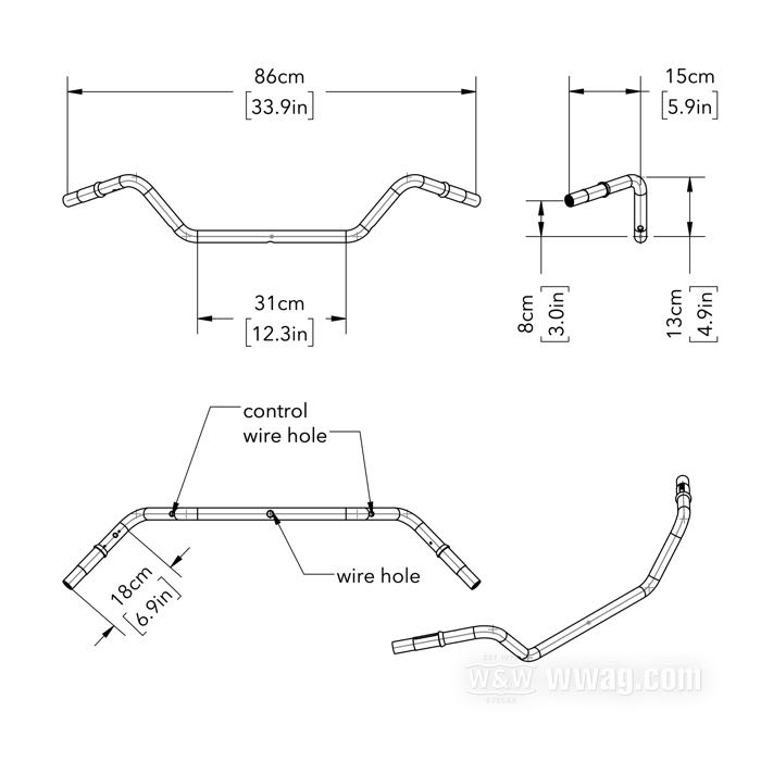 Manillar »Flanders #7-HD« de Faber Cycle; para puños 1935-1948 modificados; acero, cromado; Ø 1”; rosca: 57/64”-24; colocación del mazo de cables: por el manillar; espesor de pared: 2 mm; EE. UU.; peso bruto: 1.2 kg