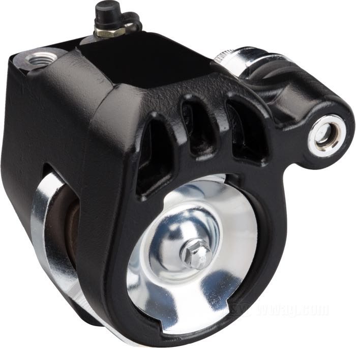 Bremssattel; passend für Softail, FX, FXR, Dyna, Touring und Sportster late 1984-1999; Aluminiumguss, schwarz; Montageposition: vorne links; KolbenØ: 42.7 mm; erforderliche Bremsflüssigkeit: DOT 5; ersetzt OEM HD 44046-84; Bruttogewicht: 1.45 kg