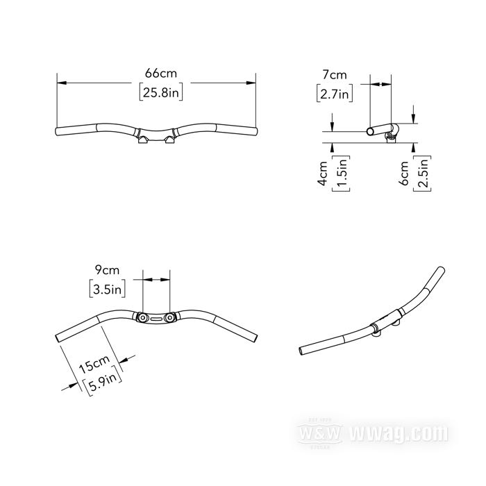 Manillar »Wave« de DBBP; acero inoxidable / acero inox fundido, satinado, distancia torretas 3-1/2” (= 89 mm); Ø 1”; rosca: 1/2”-20; colocación del mazo de cables: sin acanaladuras; espesor de pared: 2 mm; Países Bajos; peso bruto: 1.72 kg
