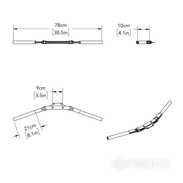 Leaf spring handlebar »Lane Splitter« by Cannonball; for hydraulic forks with 3.5” (89 mm) riser bolt distance; steel, bare; Ø 1”; wire routing: W1 plain, without dimples (→1981); Italy; gross weight: 2.9 kg