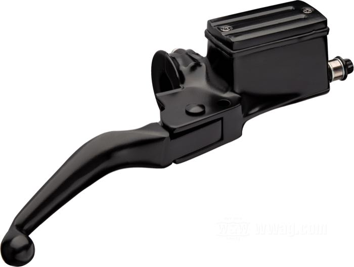 Maître-cylindre frein à main; adaptable à FLH 1982-1984, FLT 1982-1983, FX, Sportster et FXR 1982-1983, FXRT 1986-1986, FXRD 1986; alu coulé, noir mat; Ø piston hydraulique: 3/4” (19 mm); liquide de frein obligatoire: DOT 5; remplace OEM HD 45013-82 et 45015-83; poids brut: 819 g