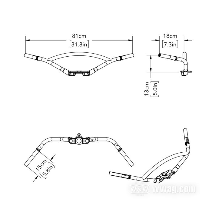 Manubrio »Speedster Hollywood« di Samwel Supplies; per Inline Springer fork; atto per Big Twin 1936-1945, 45”/750cc 1941-1957; acciaio, nero, rivestito a polvere; filettatura: 57/64”-24; peso lordo: 2.6 kg