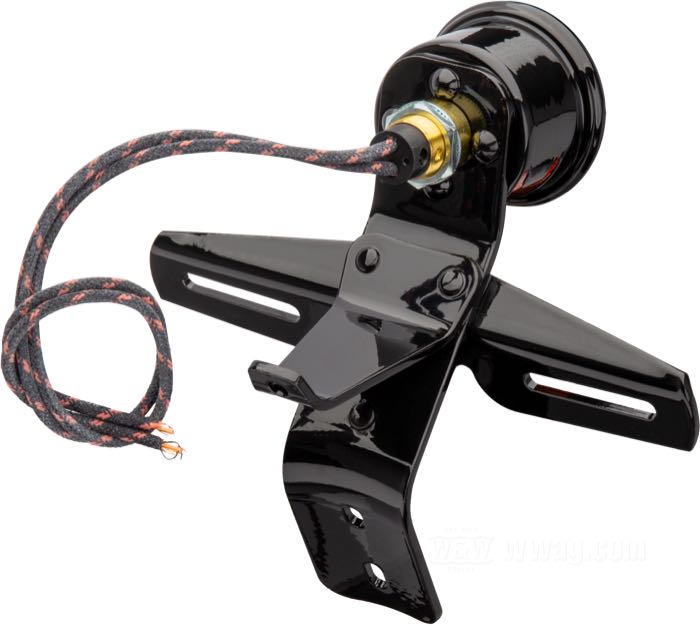 Taillight »Model-2«; fits models 1915-1933; steel, black, painted; bulb type: G18.5; 6 V; 3 W; with 6 V bulb; without stop light; with license illumination; with license bracket; replaces OEM HD 5051-15; gross weight: 800 g
