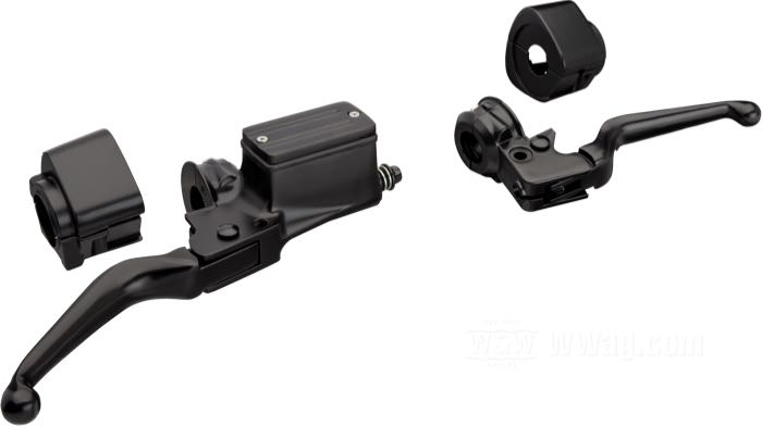 Commandes de guidon; pour double-disque; adaptable à FLH 1982-1984, FLT 1982-1983, FX, Sportster et FXR 1982-1983, FXRT 1986-1986, FXRD 1986; alu coulé, noir mat; Ø piston hydraulique: 3/4” (19 mm); liquide de frein obligatoire: DOT 5; poids brut: 1.74 kg