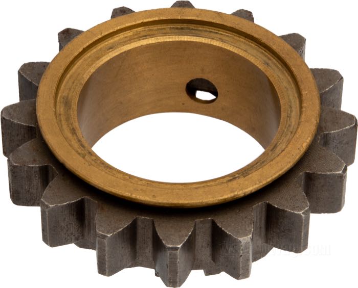 Piñón de arranque; apropiado para Sportster 4 velocidades 1957-1972; acero / bronce; número de dientes: 16/18; reemplaza OEM HD 33432-57; ADVERTENCIA: Rectificar el casquillo para ajustarlo al espaciador antes de utilizarlo.; peso bruto: 146 g