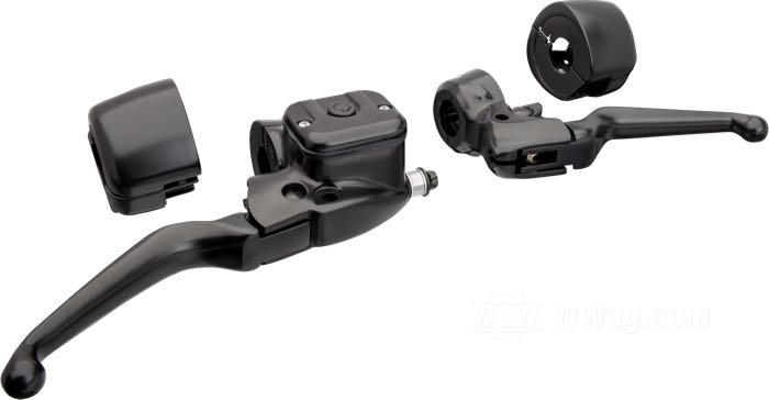 Handlebar controls; for dual disc; fits Touring 1996-2004, FXDL and FXDS 1996-2001, FXDX(T) 1999-2005, Sportster 1200S 1996-2003, Sportster 883 R 2002-2003; cast aluminum, matte black; piston Ø: 11/16” (17.5 mm); required brake fluid: DOT 5; gross weight: 1.82 kg