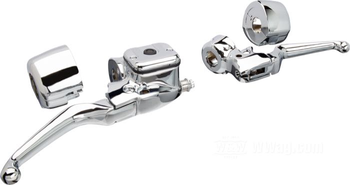 Handlebar controls; for dual disc; fits Touring 1996-2004, FXDL and FXDS 1996-2001, FXDX(T) 1999-2005, Sportster 1200S 1996-2003, Sportster 883 R 2002-2003; cast aluminum, chrome-plated; piston Ø: 11/16” (17.5 mm); required brake fluid: DOT 5; gross weight: 1.73 kg