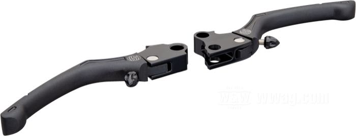 Hand brake/clutch lever »Regulator« by Roland Sands Design; fits Softail 1996-2014, Dyna 1996→, Touring 1996-2007, Sportster 1996-2003 with cable operated clutch; billet aluminum, black OPS; USA; gross weight: 390 g