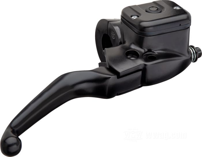 Hand brake master cylinder; for dual disc; fits Touring 1996-2004, FXDL and FXDS 1996-2001, FXDX(T) 1999-2005, Sportster 1200S 1996-2003, Sportster 883 R 2002-2003, V-Rod 2002-2007; cast aluminum, matte black; piston Ø: 11/16” (17.5 mm); required brake fluid: DOT 5; replaces OEM HD 45013-96; gross weight: 820 g