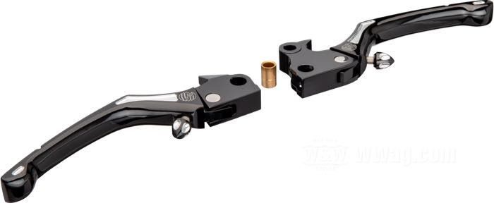 Hand brake/clutch lever »Regulator« by Roland Sands Design; fits Softail 1996-2014, Dyna 1996→, Touring 1996-2007, Sportster 1996-2003 with cable operated clutch; billet aluminum, black, Contrast Cut; USA; gross weight: 404 g