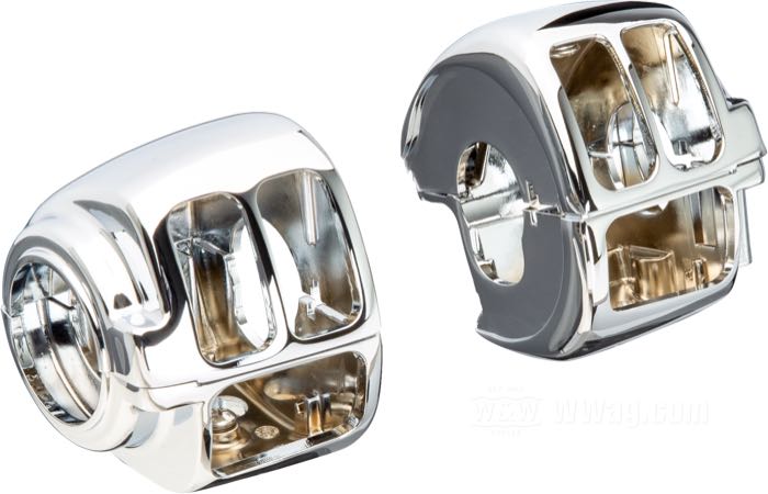 Switch housing; fits Dyna 1996-2006, Softail 1996-2006, Sportster 1996-2006, V-Rod 2002-2007, Touring 1996-2006 (without Audio/Cruise Control); cast aluminum, chrome-plated; gross weight: 400 g