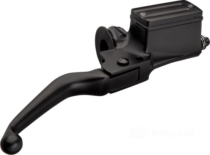 Maître-cylindre frein à main; adaptable à FX, FXR, FXLR, Sportster, Dyna et Softail 1984-1995; alu coulé, noir mat; Ø piston hydraulique: 9/16” (14.3 mm); liquide de frein obligatoire: DOT 5; poids brut: 848 g