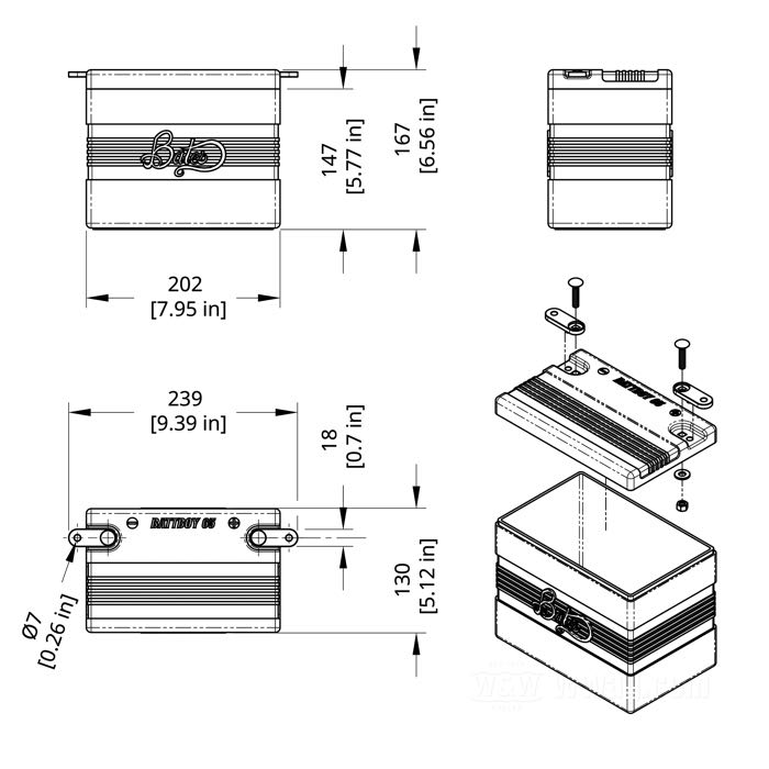 Battery box »BattBoy 65« by Bates; fits FL, FLH 1965-1984 and Sportster 1967-1978 with electric-start; ABS, black; W x H x D: 202 x 167 x 129 mm; inner measures (WxHxD): 190 x 145 x 119 mm; gross weight: 1.08 kg
