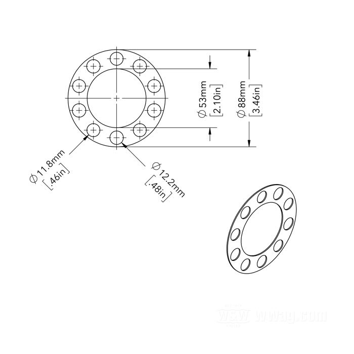 Rondelle de calage de Bates; pour Tambour de frein; adaptable à Big Twin 1936-1966, WL 1941-1952; acier; Ø int. x Ø ext.: 53.3 x 88 mm, grosseur: 1 mm; position: arrière; Allemagne; poids brut: 10 g