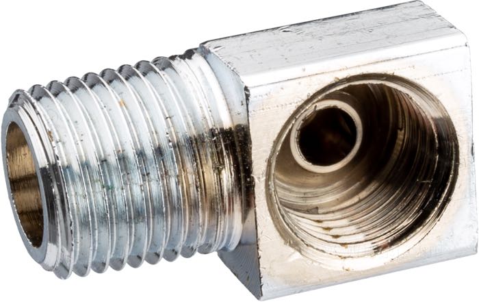 Adattatore; per Pompa freno; ottone, cromato, 90°; filetto raccordo: 1/8-27” NPT → 3/8”-24 IF; rimpiazza OEM HD 43307-78; peso lordo: 10 g