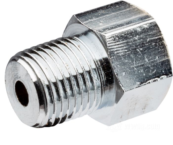 Adattatore; per Pinza freno; ottone, cromato, dritto; filetto raccordo: 1/8-27” NPT → 3/8”-24 IF; rimpiazza OEM HD 63609-72; peso lordo: 10 g