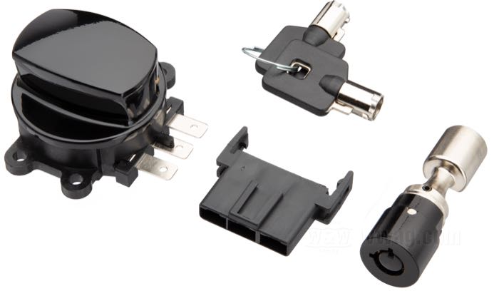 Kit di blochetto e bloccasterzo; atto per FXDWG 2001-2005, Softail 2001-2017; con coperchi superiore e a cerniera neri; con blochetto accensione e bloccasterzo a chiusura uguale, 2 chiavi; rimpiazza OEM HD 45680-90 e 71313-96; peso lordo: 260 g