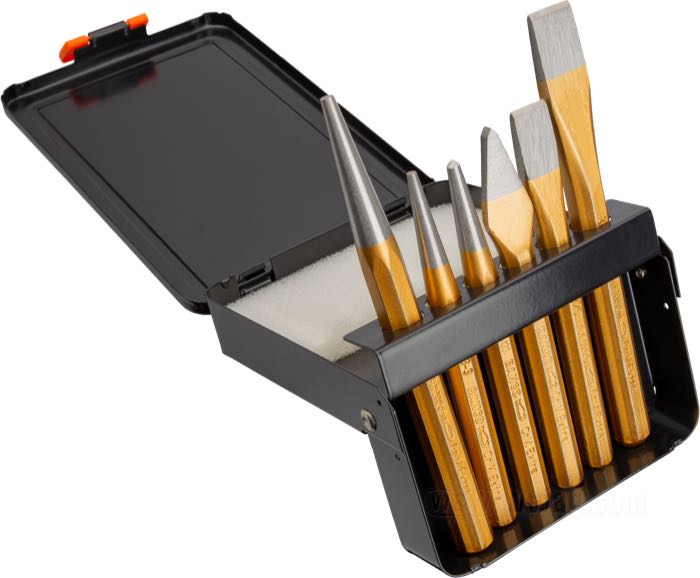 Set scalpelli di Bahco; acciaio cromo-vanadium, rame, verniciato; peso netto: 820 g; 6 pezzi; con box di metallo/sostegno; peso lordo: 818 g