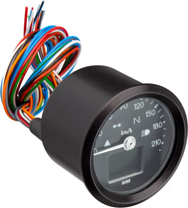 Compteur électronique »Generation II Basic« de MMB; acier, noir; profondeur: 39 mm; Ø 48 mm; fond: noir; rapport: par capteur; →220 km/h; éclairage: réglable: blanc, blanc chaud, jaune, orange, rouge, magenta, vert, turquoise et bleu; 12 V; avec plan de connexion; Allemagne; poids brut: 170 g