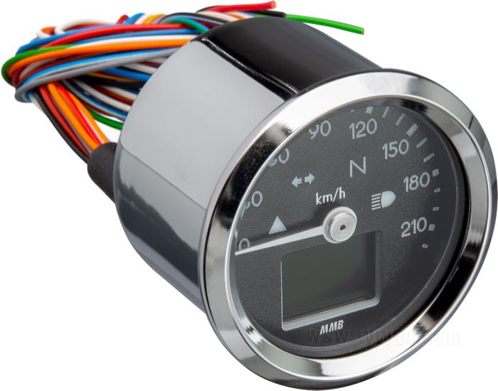 Cuentakilómetros electrónico »Generation II Basic« de MMB; acero, cromado; fondo: 39 mm; Ø 48 mm; Esfera: negro; transmisión: por sensor; →220 km/h; iluminación: ajustable: blanco, blanco cálido, amarillo, naranja, rojo, magenta, verde, turquesa y azul; 12 V; con esquema de conexión; Alemania; peso bruto: 179 g