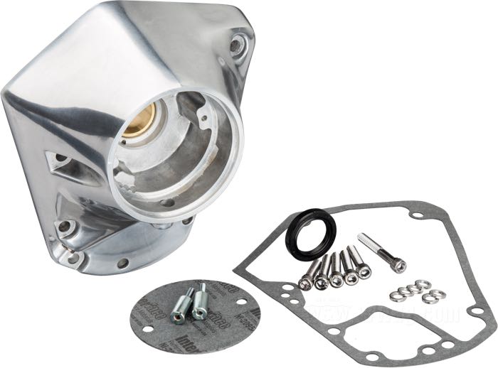 Gear cover »Late Style«; fits Big Twin late 1973-1992; cast aluminum, polished; with oil seal and screws; replaces OEM HD 25268-84A; gross weight: 1.29 kg