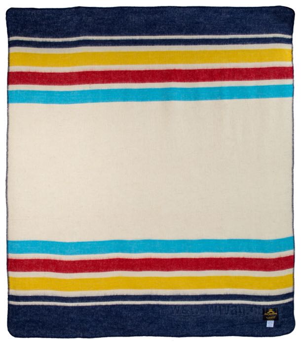 Decke »1969 Hudson« von Pike Brothers; Wolle, naturweiß / schwarz / rot / blau / gelb; Länge x Breite: 200 x 170 cm; mit Tragegurt für Decken; Portugal; Bruttogewicht: 1.57 kg
