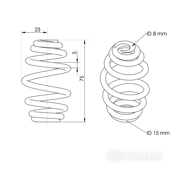 Sitzfeder »Konus-Typ« von Bates; Fahrergewicht: 75kg→; Federstahl, verchromt, ID 8 mm und 15 mm; Länge: 3”; Ø 46 mm; Drahtstärke: 5 mm; Federrate: 35 N/mm; Deutschland; Bruttogewicht: 99 g