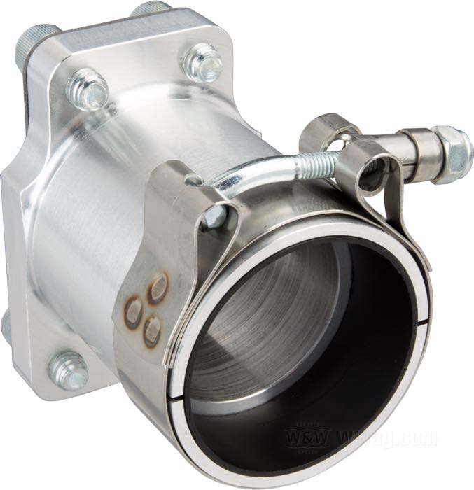 Adaptador de VIP - Vintage Iron Parts; para carburadores Dell'Orto 38/40 mm → colector de admisión Linkert 4-tornillos; apropiado para Big Twin OHV 1940-1965, WR/WLDR 1941-1952, modelos K 1952-1956; aluminio / acero, natural; largo: 73 mm; Ø conector: 46 mm; Alemania; peso bruto: 320 g