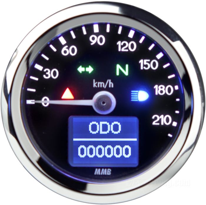 Cuentakilómetros electrónico »Generation II Basic« de MMB; acero, cromado; fondo: 39 mm; Ø 48 mm; Esfera: negro; transmisión: por sensor; →220 km/h; iluminación: ajustable: blanco, blanco cálido, amarillo, naranja, rojo, magenta, verde, turquesa y azul; 12 V; con esquema de conexión; Alemania; peso bruto: 179 g