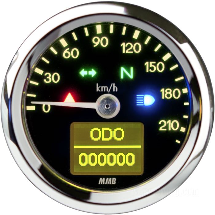 Cuentakilómetros electrónico »Generation II Basic« de MMB; acero, cromado; fondo: 39 mm; Ø 48 mm; Esfera: negro; transmisión: por sensor; →220 km/h; iluminación: ajustable: blanco, blanco cálido, amarillo, naranja, rojo, magenta, verde, turquesa y azul; 12 V; con esquema de conexión; Alemania; peso bruto: 179 g