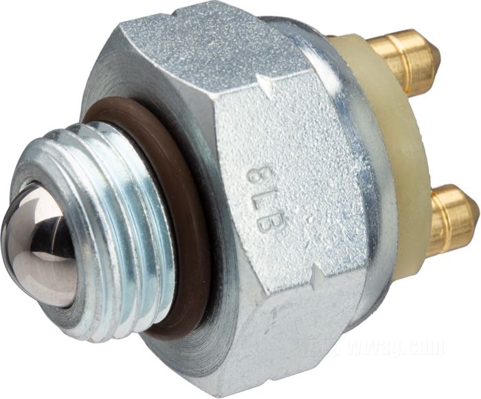 Neutral switch; for Transmission; fits Softail 2000-2006, Dyna 2001-2005, Touring 2001-2006; steel, zinc plated; thread: 9/16”-18; thread length: 5/16 ”; replaces OEM HD 33904-00; NOTE: Finish varies from white to black zinc-plated.; gross weight: 46 g