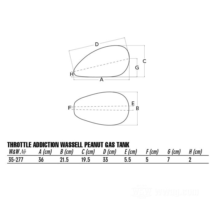 Depósito de gasolina »Wassell Peanut« de Throttle Addiction; acero, natural; volumen: 6.8 l; tapón necesario: 1 x ventilado / cierre de bayoneta 1955-1982; grifo de gasolina necesario: 1/4” NPT; rosca: 1/4”-18 NPT; peso bruto: 2.63 kg
