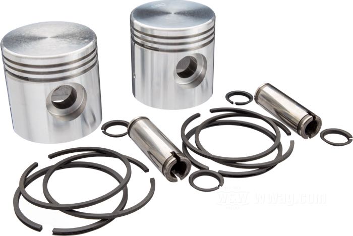 Pistons; adaptable à 45”/750cc modèles D, R, W et G 1929-1973; aluminium; Ø 69.69 mm; taille: +0.000 ”; alésage nominal: 2-3/4 ”; avec leurs segments, leurs axes et leurs goupilles; remplace OEM HD 22251-29; poids brut: 870 g