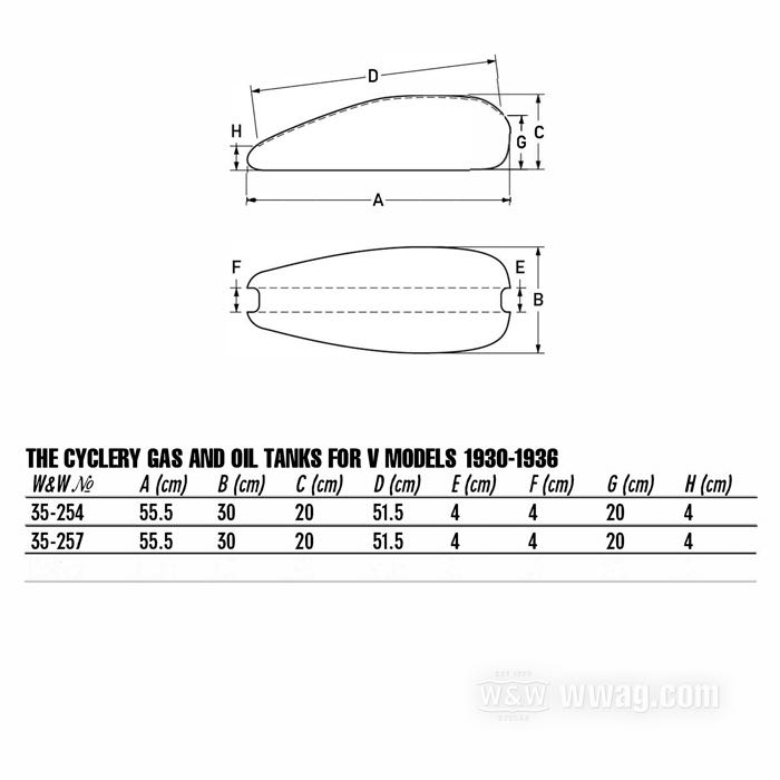 Gas and oil tanks by The Cyclery; fits V models 1930; sheet steel; volume: 13.5 l; required gas cap: screw-in 1.5”-24; required petcock: 1/8” NPT; gross weight: 14 kg