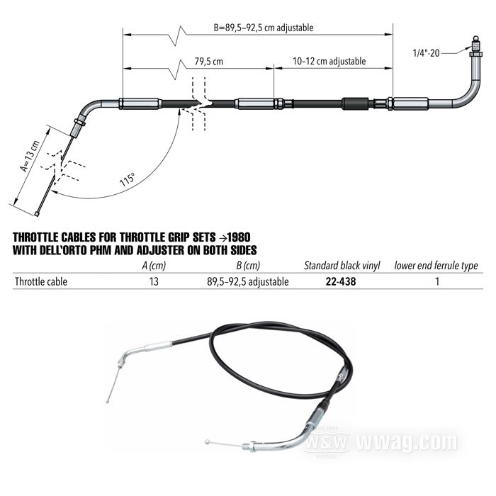 Cable acelerador »Standard«; para mandos →1980 con carb. Dell'Orto PHM; conexión al carburador con ángulo de 120° ; acero, vinilo negro; ángulo de la conexión: 90°; conector superior: 1/4