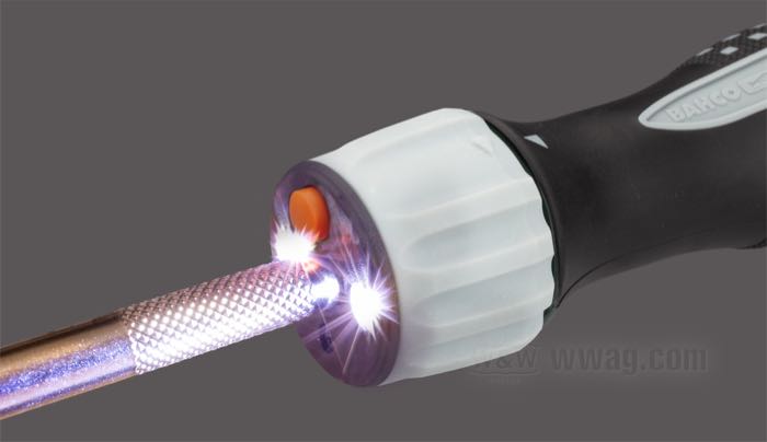 Destornillador »LED« de Bahco; acero inoxidable / goma / acero; largo: 250 mm; peso neto: 217 g; unión: 1/4”; Taiwán; peso bruto: 242 g