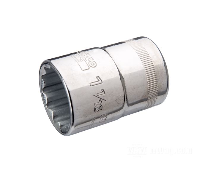 Stecknuss von Bahco; für Mutter Motorritzel Big Twin 1930-1954; Stahl, poliert / verzinkt; Länge: 53 mm; Antrieb: 3/4”; Zwölfkant; Größe Zoll: 1-1/16”; Außen-Ø: 38.5 mm; Argentina; Bruttogewicht: 225 g