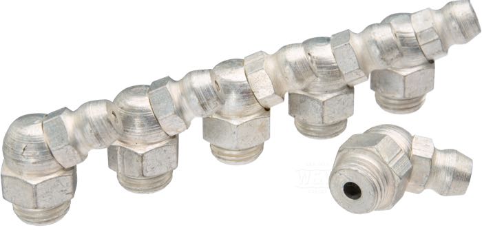 Raccord graisseur de Colony; adaptable à modèles 1939→; acier, CAD (procédé ZnNi), 67.5°; filetage: 5/16”-32; remplace OEM HD 9852; USA; poids brut: 49 g