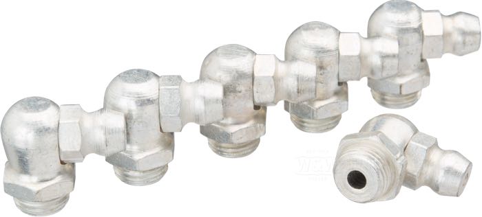 Raccord graisseur de Colony; adaptable à modèles 1939→; acier, CAD (procédé ZnNi), 90°; filetage: 5/16”-32; remplace OEM HD 9853; USA; poids brut: 53 g