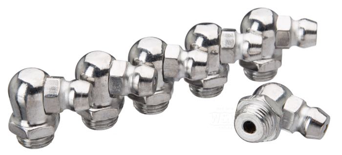Raccord graisseur de Colony; adaptable à modèles 1939→; acier, chromé, 90°; filetage: 5/16”-32; remplace OEM HD 9853; USA; poids brut: 53 g