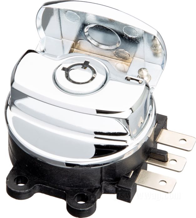 Contacteur à clef; adaptable à FXDWG 1993-2011, Road King 1994-2013, Softail 1996-2010; alu coulé / plastique, chromé; avec deux clés; remplace OEM HD 71501-93 et 71313-96; poids brut: 200 g