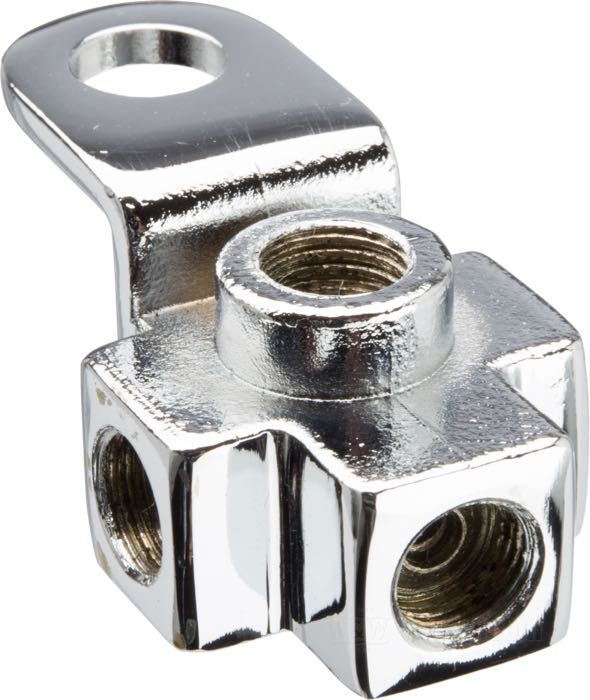 Pezzo distributore »Standard«; per Condotto di freno; atto per FX 1971- early 1972, FL 1979-1984 con sidecar, FXST 1984-early 1987, FXWG 1985-1986; acciaio / ottone, cromato; Punto installazione: posteriore; filetto raccordo: 4x3/8”-24 IF; rimpiazza OEM HD 42309-70; peso lordo: 90 g