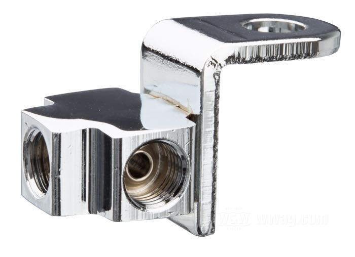 Pezzo distributore »Standard«; per Condotto di freno; atto per FXWG 1980-1982; acciaio / ottone, cromato; Punto installazione: anteriore; filetto raccordo: 3 x 3/8”-24 IF; rimpiazza OEM HD 44311-80; peso lordo: 70 g