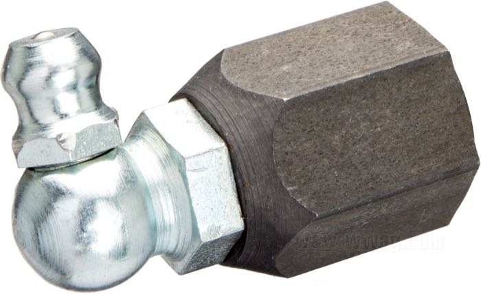 Nut; for Brake shackle bolt; fits Big Twin 1940-1948, 45”/750cc models W and G 1940-1957; front; steel, parkerized; thread: 3/8”-24; with grease nipple 90°; replaces OEM HD 44231-38, and 9853; gross weight: 23 g