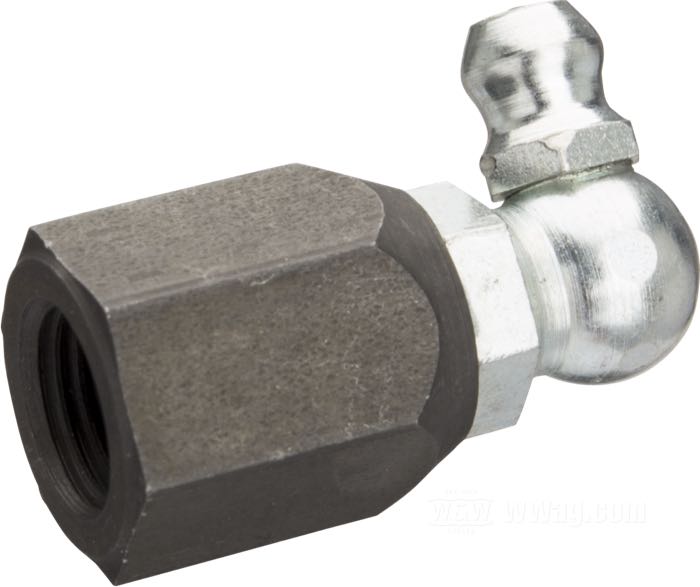 Nut; for Brake shackle bolt; fits Big Twin 1940-1948, 45”/750cc models W and G 1940-1957; front; steel, parkerized; thread: 3/8”-24; with grease nipple 90°; replaces OEM HD 44231-38, and 9853; gross weight: 23 g