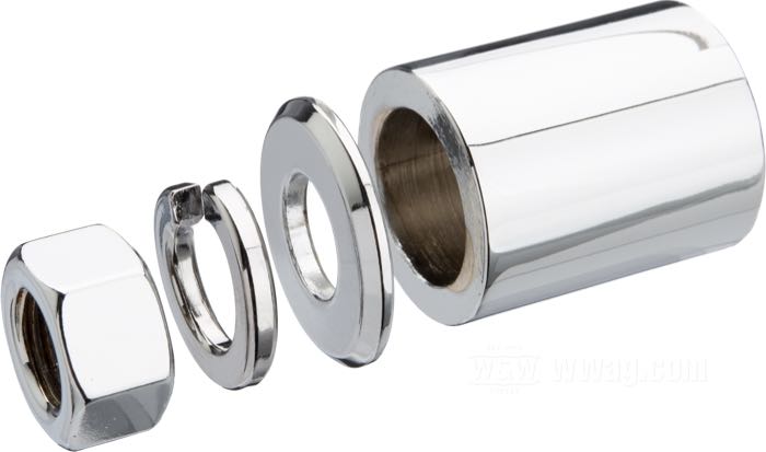 Entretoises »Smooth« de Colony; pour Axe de roue; adaptable à FLSTC 1997-1999; acier, chromé; Ø de l'axe: 3/4 ”; filetage: 1/2”-20; position: avant; remplace OEM HD 43683-97, 6590HW, 7068 et 7596; USA; poids brut: 169 g