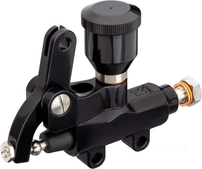 Brake master cylinder by Kustom Tech; cable-operated; with fixed reservoir; billet aluminum, black anodized, mounting hole distance 30 mm, banjo Ø 10 mm; L x H x D: 120 x 85 x 30 mm; piston Ø: 14 mm; required brake fluid: DOT 4 or 5; thread: M10 x 1.0; Italy; gross weight: 240 g