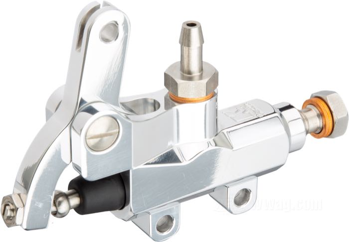 Brake master cylinder by Kustom Tech; cable-operated; for remote reservoir; billet aluminum, polished, mounting hole distance 30 mm, banjo Ø 10 mm; L x H x D: 120 x 85 x 30 mm; piston Ø: 14 mm; required brake fluid: DOT 4 or 5; thread: M10 x 1.0; Italy; gross weight: 220 g